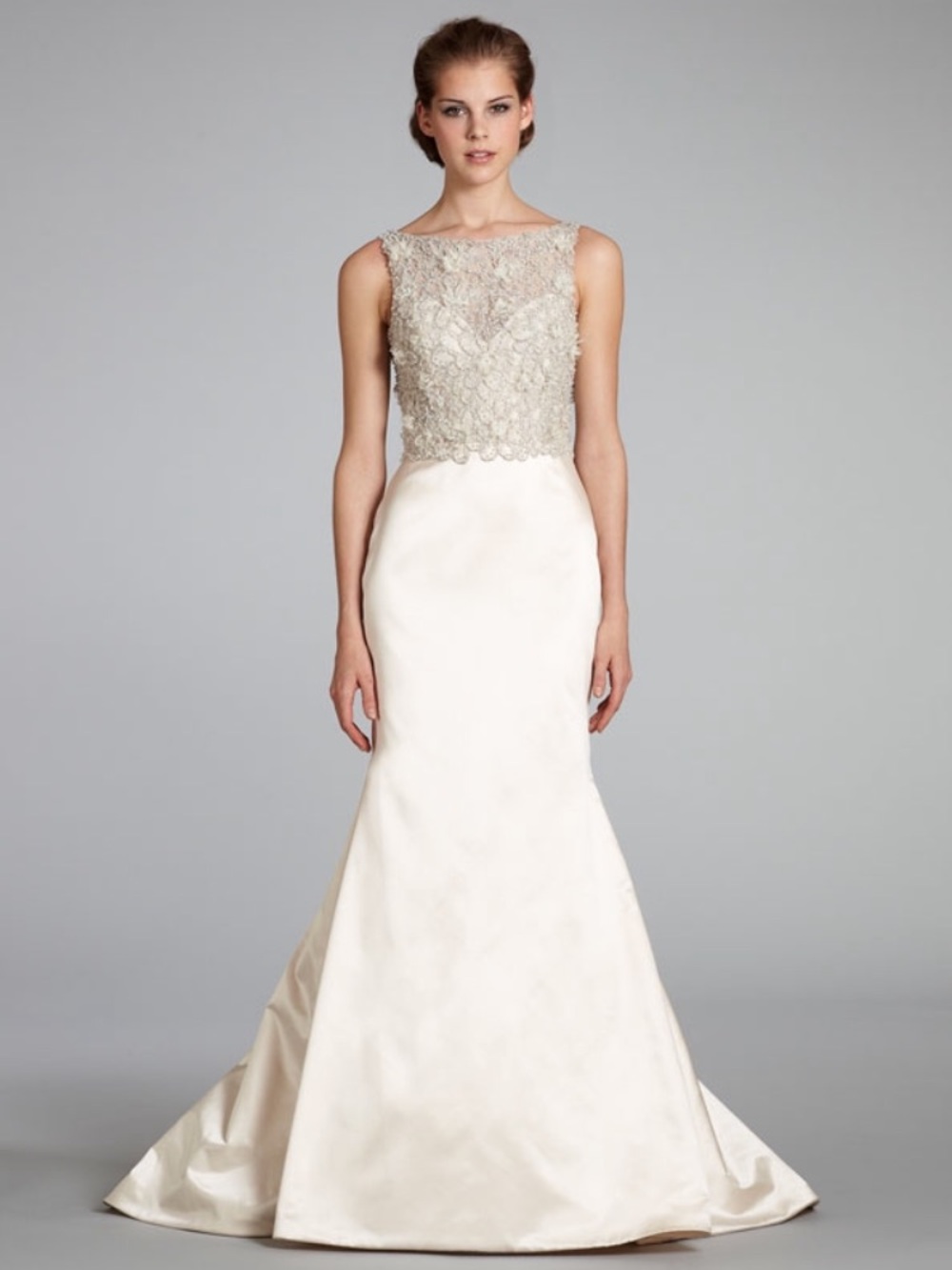 Lazaro New Without Tags Beaded Lace Bodice Satin Mermaid Wedding Gown - Ivory